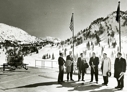 Lee J. Bronson and Gov. Cal Rampton cristen Alta's first heliport which was located at the Rustler Lodge